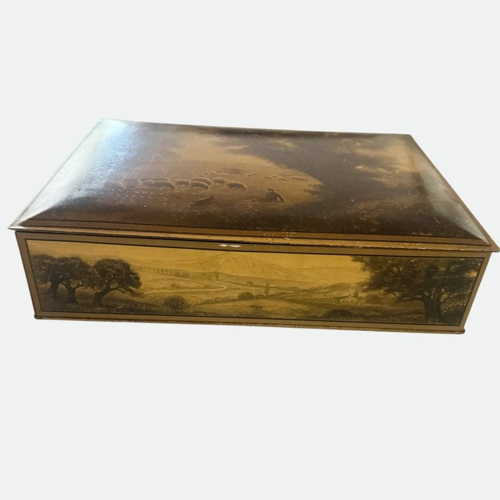 Uneeda Biscuit Tin Box Container Vintage Brown Pastoral Landscape Sheep 1920s